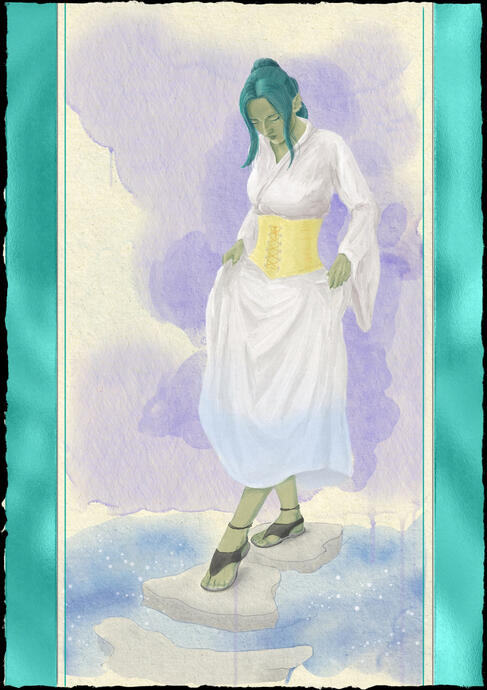A soft watercolour painting of a sea elf lightly walking over stepping stones