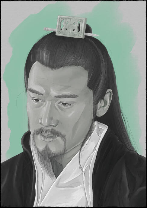 Greyscale portrait of Lu Yi as Zhuge Liang. He has a tired, pensive expression. The background is jade green.