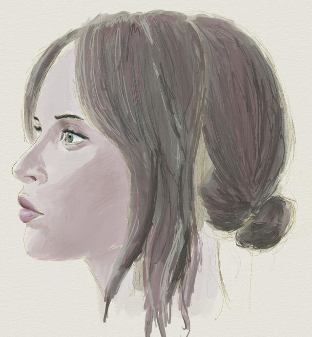 Loose style watercolour study of Jyn Erso in profile