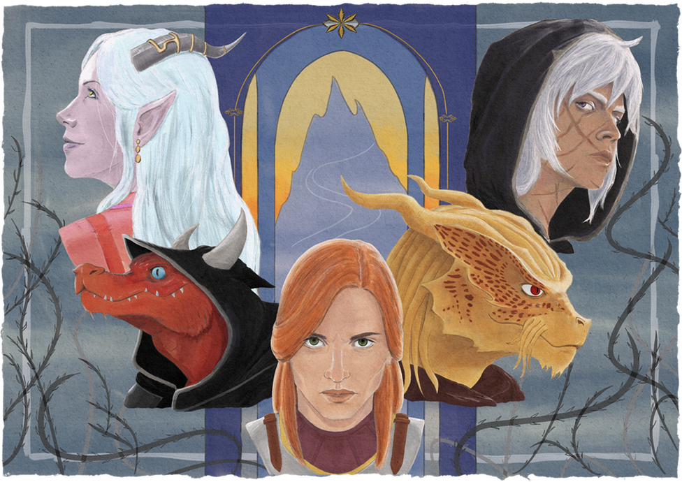 A colour painting of an adventuring party with a stylised image of a mountain in the background