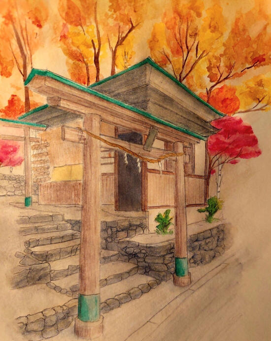 Watercolour painting of an autumn scene in Kyoto