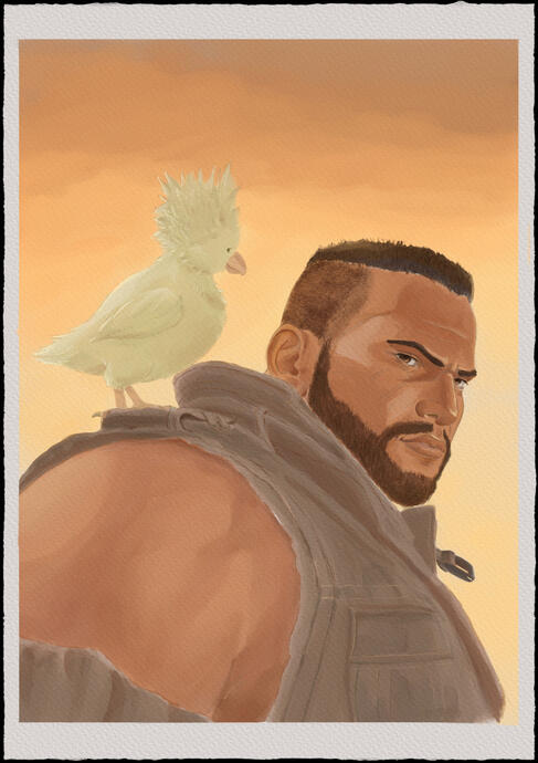 Watercolour painting in a warm palette of Barret Wallace with a chocobo chick on his shoulder