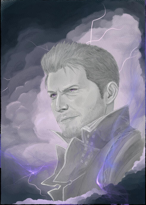 Greyscale portrait of Cidolfus wreathed in stormclouds