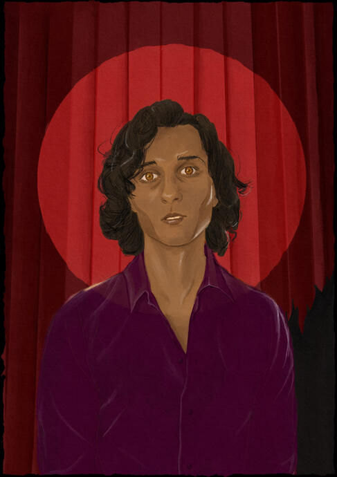 A watercolour painting of the vampire Armand standing in front of a torn theatre stage curtain