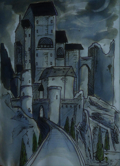 Monochrome ink painting of a crumbling castle at night